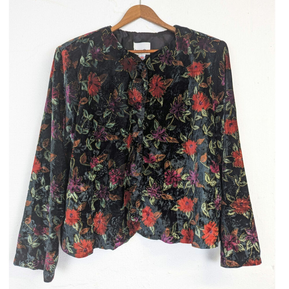 Vtg 80s Dark Floral Velvet Jacket Blazer Cocktail Event Black Red Purple Size 18